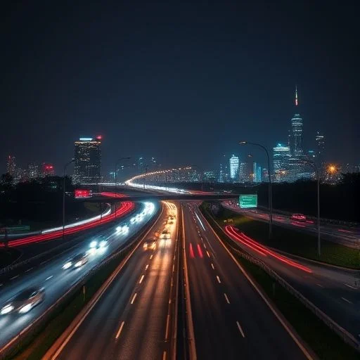 Futuristic autonomous vehicle in neon-lit city at night